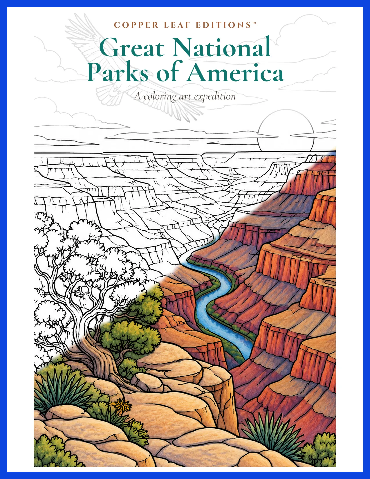 Cover of Great National Parks of America, subtitled A coloring art expedition, showing a canyon landscape that moves from line drawing to full color.