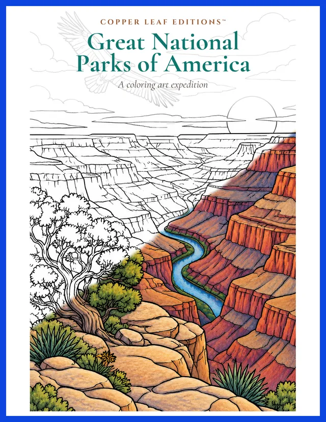 Cover of Great National Parks of America, subtitled A coloring art expedition, showing a canyon landscape that moves from line drawing to full color.