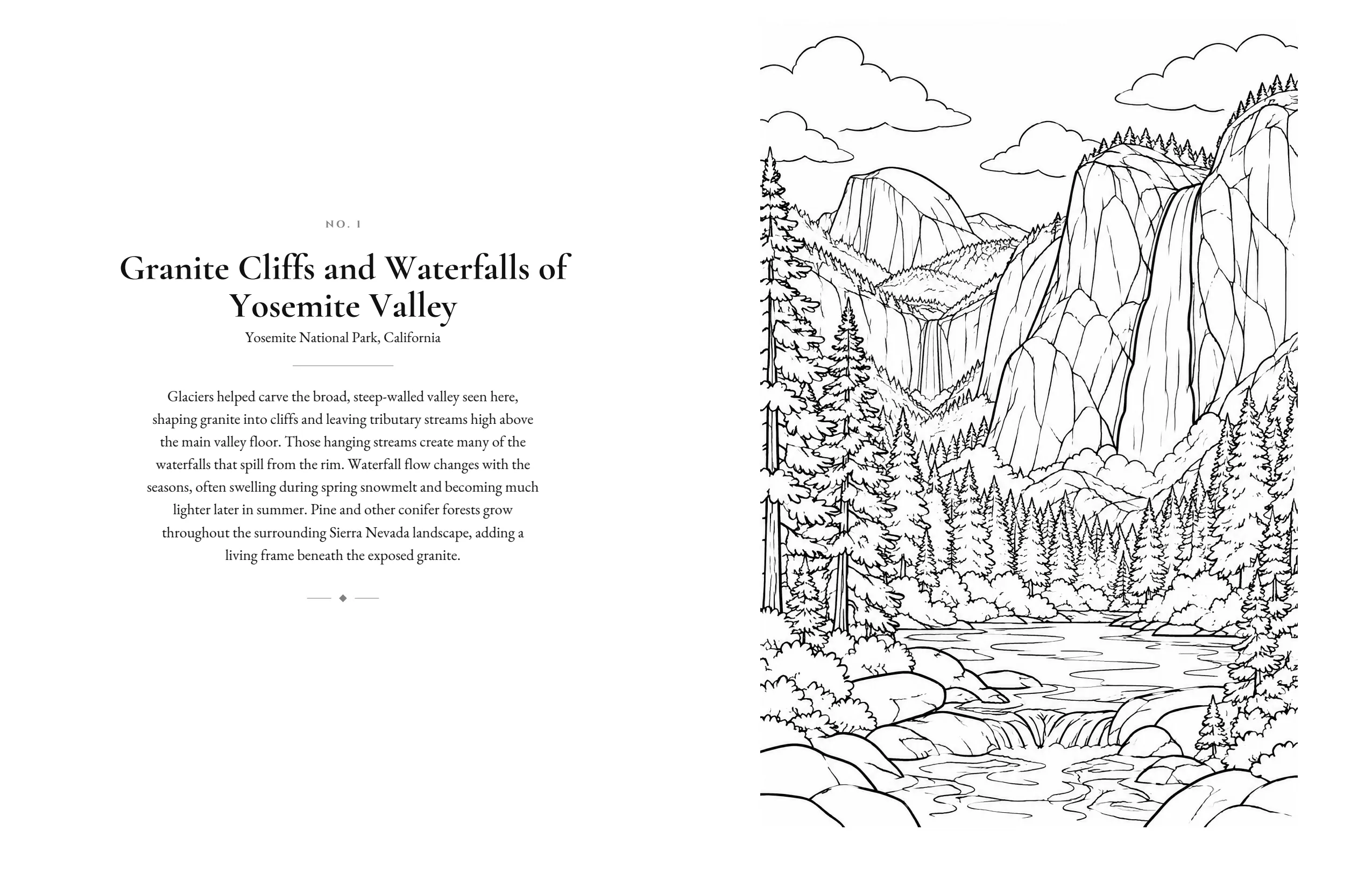 Book spread. On the left, a page of notes headed “Granite Cliffs and Waterfalls of Yosemite Valley”. On the right, a black-and-white line drawing of granite cliffs, a waterfall, conifer forest and a river.