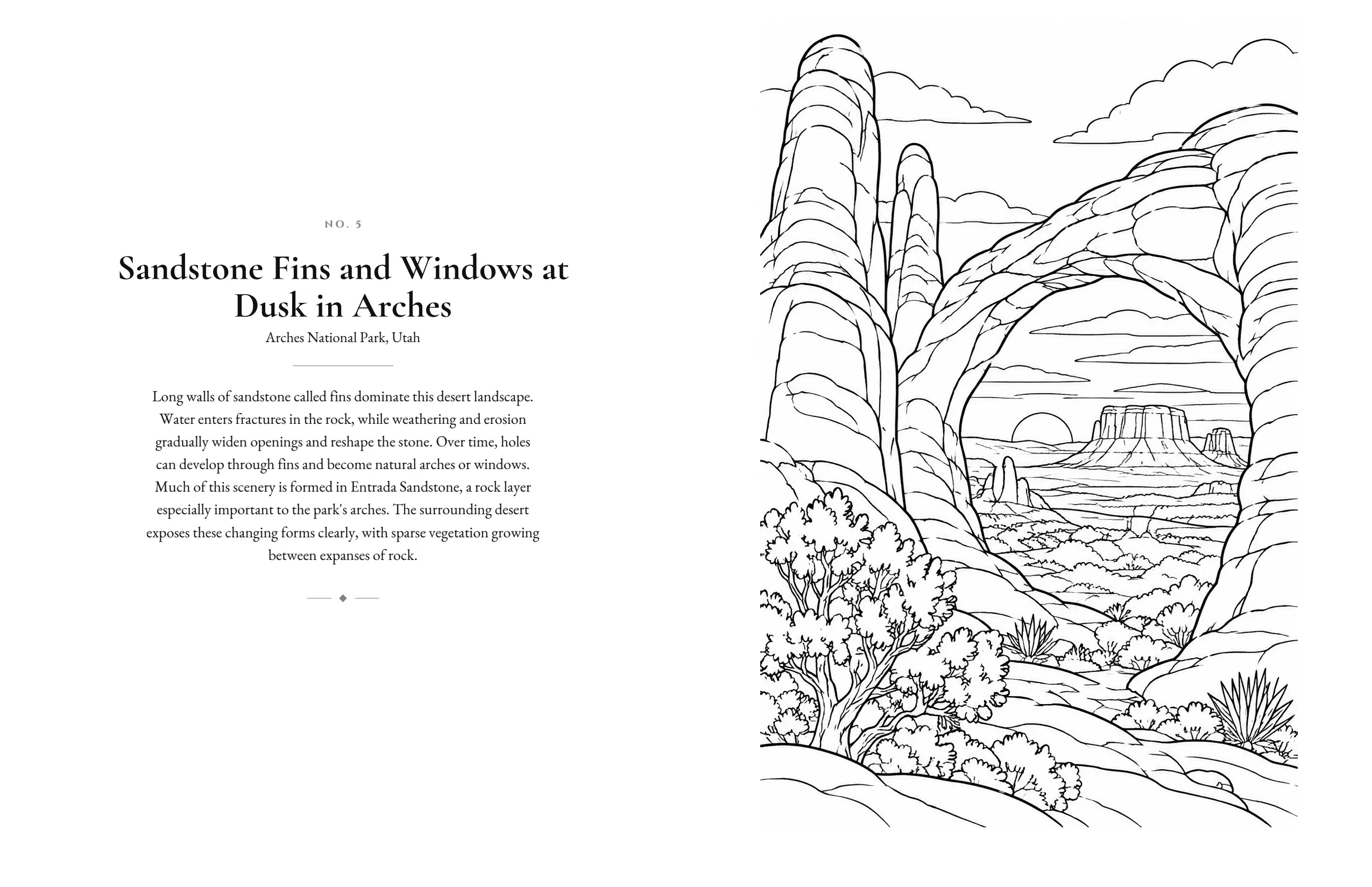 Book spread. On the left, a page of notes headed “Sandstone Fins and Windows at Dusk in Arches”. On the right, a black-and-white line drawing of sandstone fins and a natural arch framing a desert valley at sunset.