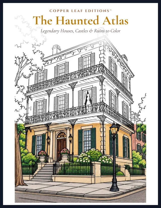 Cover of The Haunted Atlas, subtitled Legendary Houses, Castles & Ruins to Color, showing a three-storey townhouse that moves from line drawing to full color.