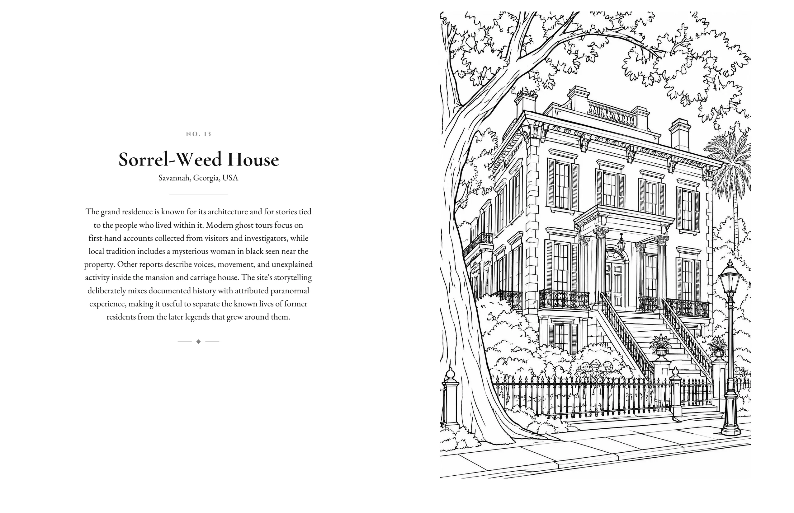 Book spread. On the left, a page of notes headed “Sorrel-Weed House, Savannah, Georgia”. On the right, a black-and-white line drawing of a townhouse with balconies, front steps, an iron fence, a street lamp and an oak tree.
