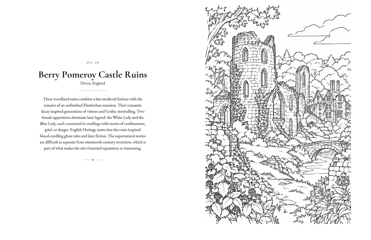 Book spread. On the left, a page of notes headed “Berry Pomeroy Castle Ruins, Devon, England”. On the right, a black-and-white line drawing of a ruined round tower among woodland, with a stone bridge and a manor house beyond.