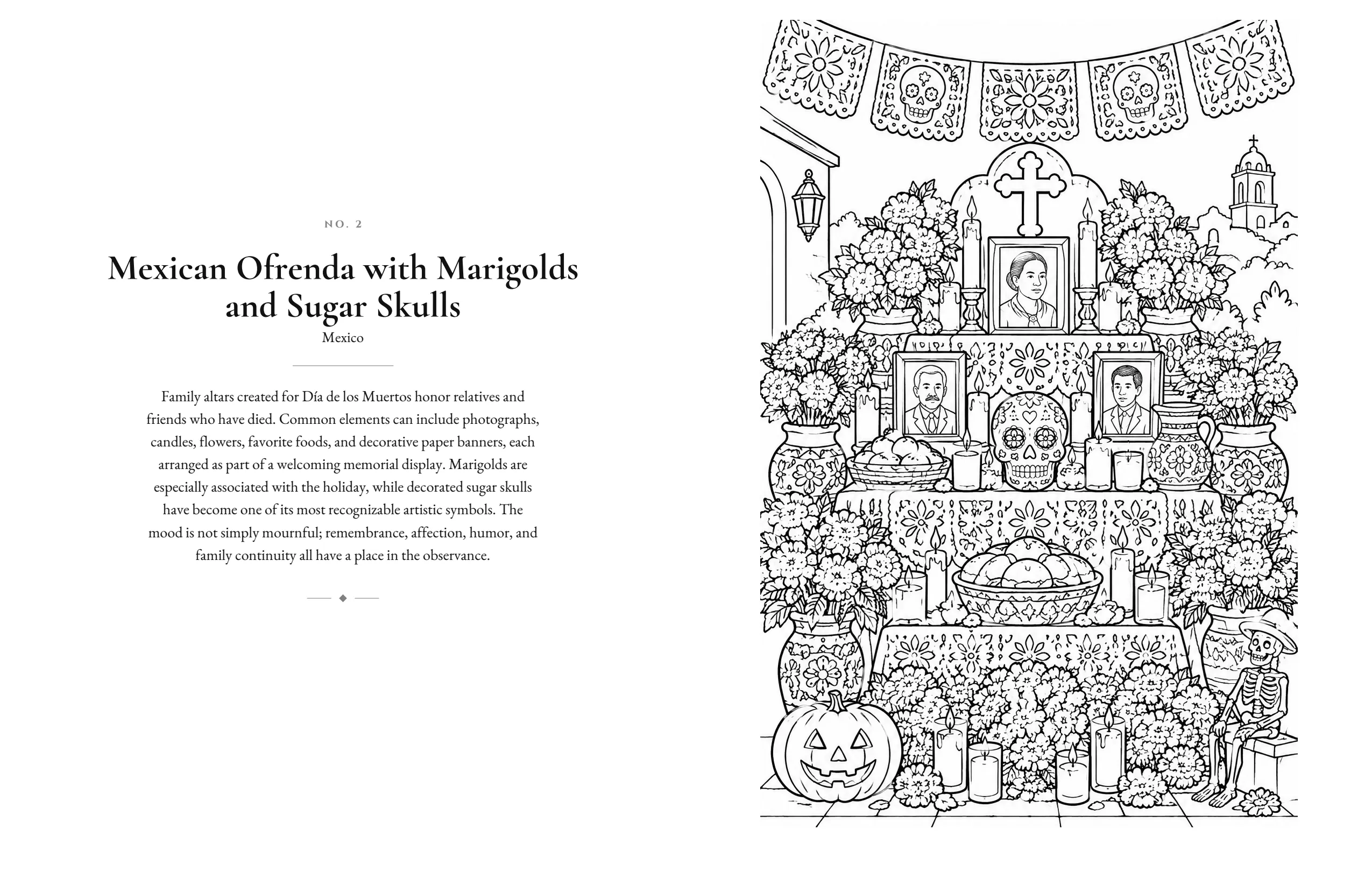 Book spread. On the left, a page of notes headed “Mexican Ofrenda with Marigolds and Sugar Skulls”. On the right, a black-and-white line drawing of a tiered altar with marigolds, candles, framed portraits, a sugar skull and paper banners.