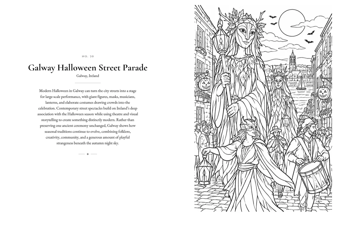 Book spread. On the left, a page of notes headed “Galway Halloween Street Parade, Galway, Ireland”. On the right, a black-and-white line drawing of giant leaf-covered figures, a drummer, a piper and masked lantern bearers in a street at night.